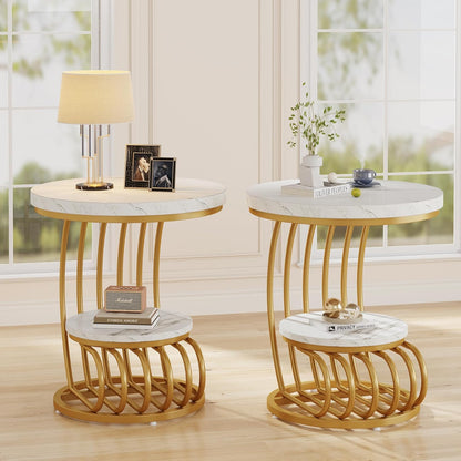 Tribesigns Gold Round End Table: 2 Tiers Side Table Set of 2 with Storage Shelf, Modern White Gold