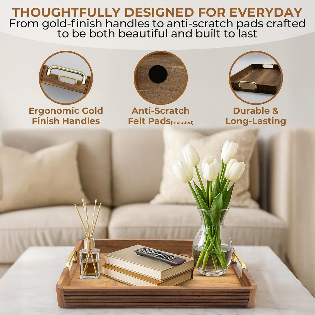 Acacia Wood Serving Tray with Metal Handles  – 17x12in Rustic Decorative Ottoman & Coffee Table