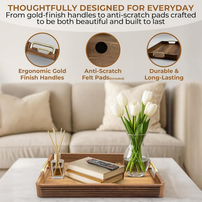 Acacia Wood Serving Tray with Metal Handles  – 17x12in Rustic Decorative Ottoman & Coffee Table