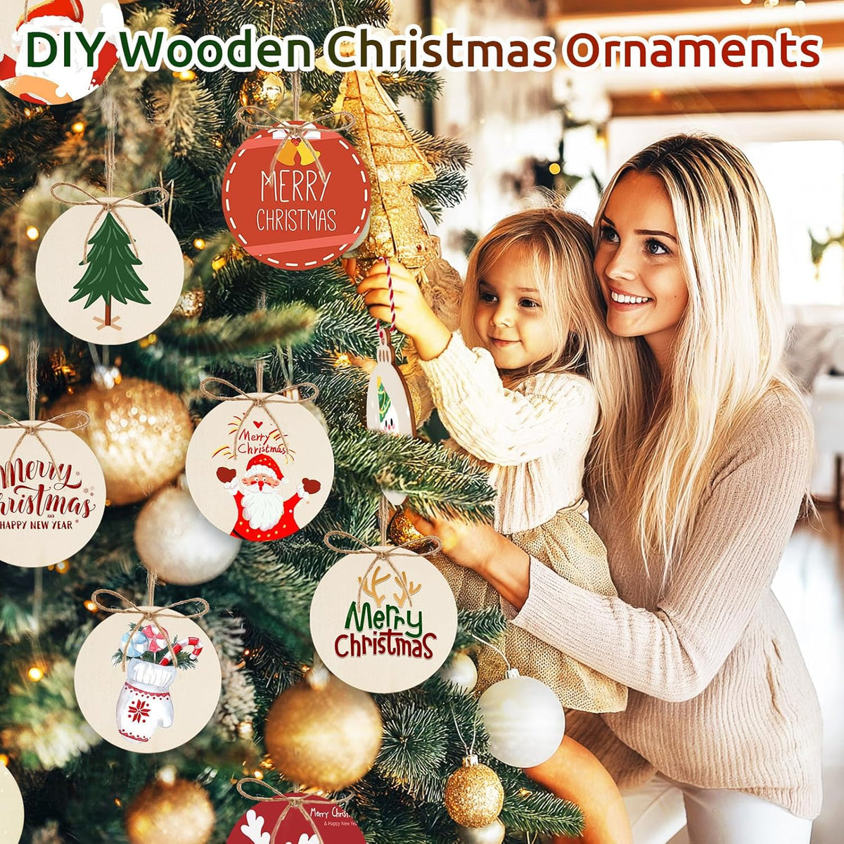 Philorn 50pcs Wooden Ornaments for Crafts 3.5" Unfinished DIY Wooden Christmas Ornaments