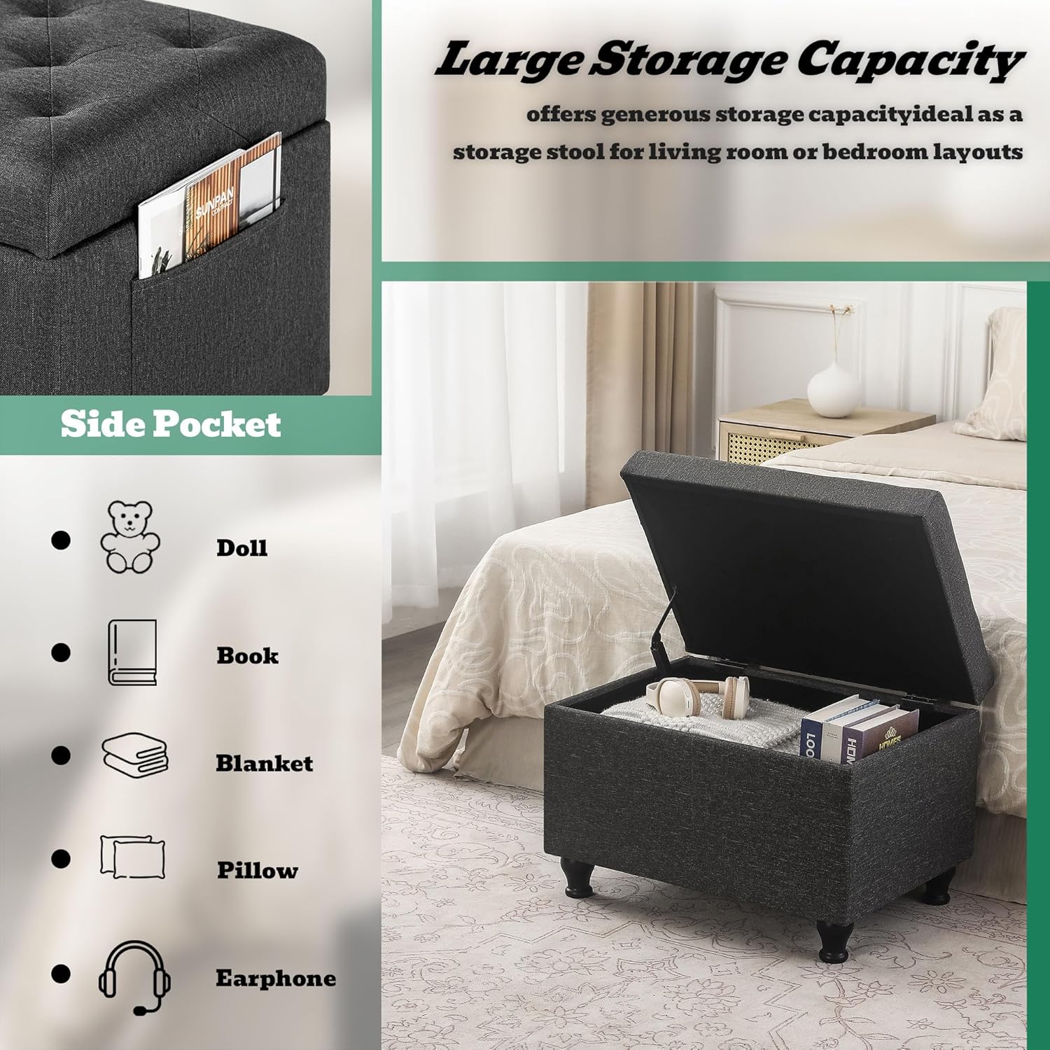 Ottoman with Storage 24'' Storage Ottomans Linen Fabric Ottoman Footstools Small Upholstered Foot