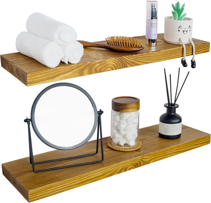 BGMG Wood Floating Shelves for Wall 24 inch Set of 2, Rustic Wooden Wall Mount Shelves for Living