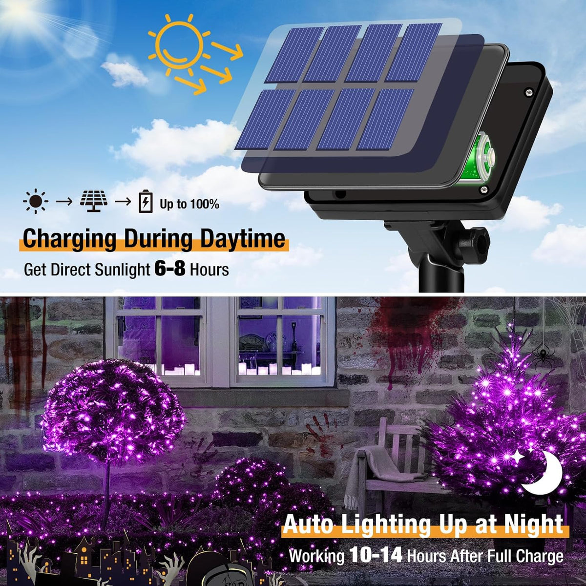 4 Pack Solar String Lights Outdoor - 320LED 132FT Halloween Solar Fairy Lights Outside Waterproof