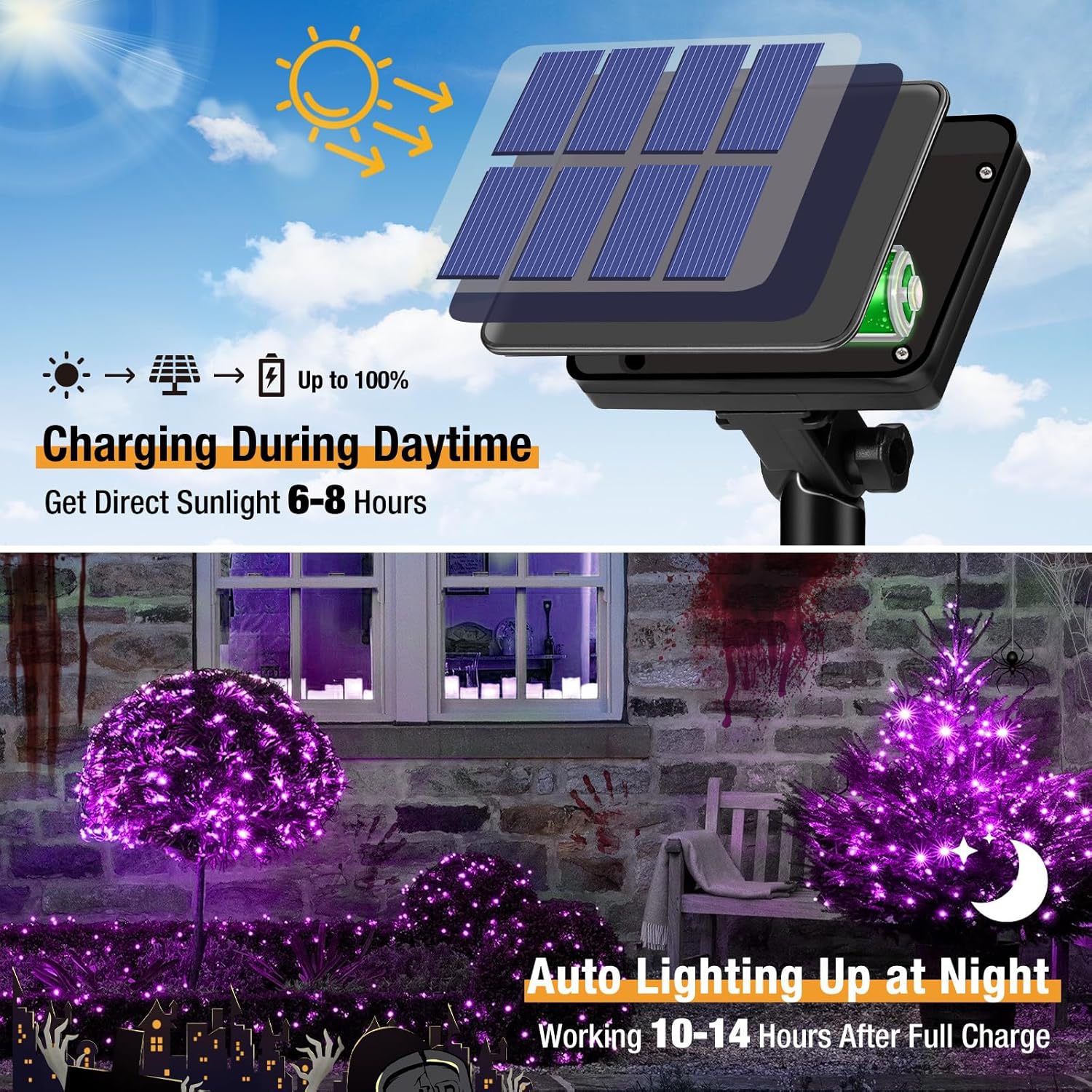 4 Pack Solar String Lights Outdoor - 320LED 132FT Halloween Solar Fairy Lights Outside Waterproof