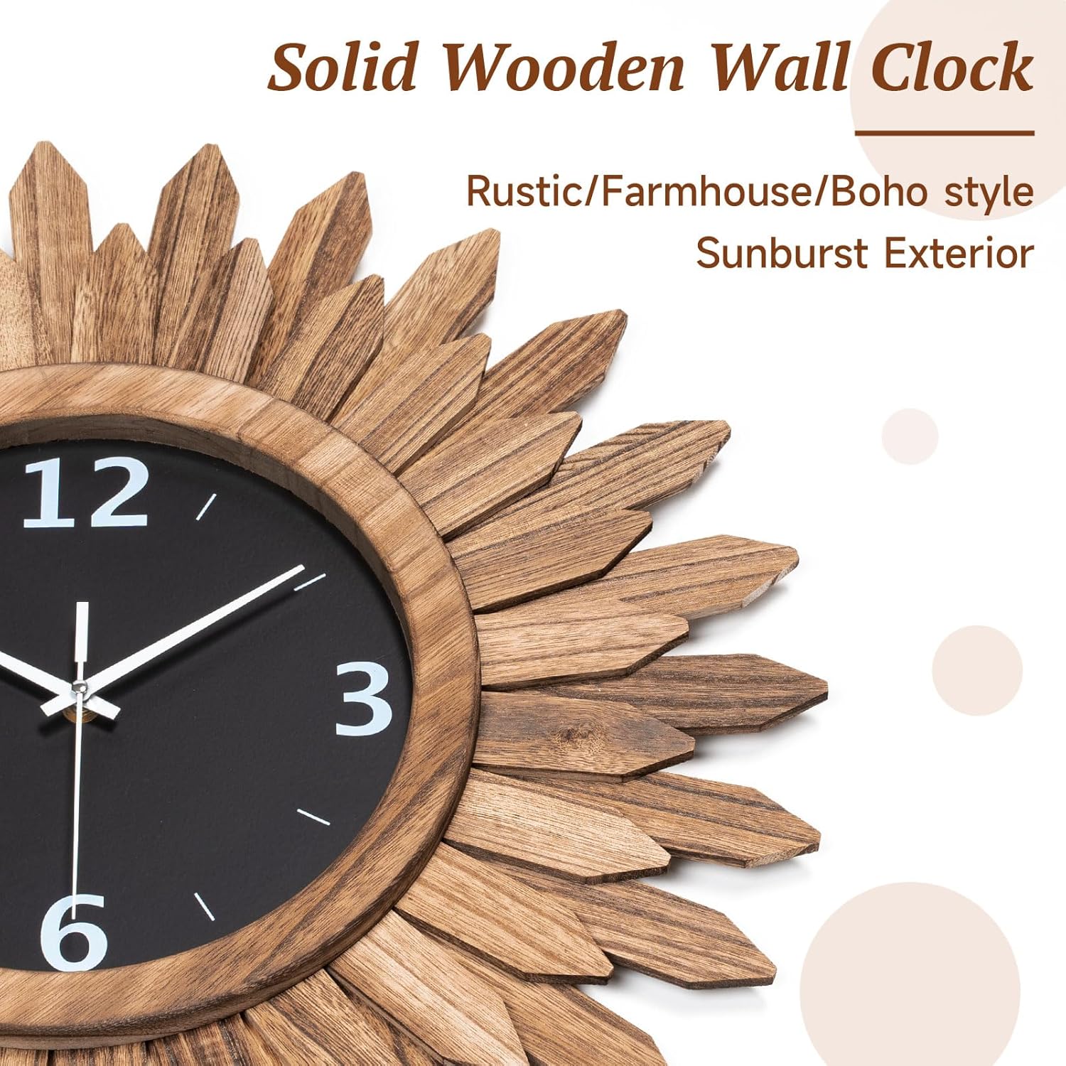 Honiway Large Wall Clock Battery Operated 21 in Rustic Wood Boho Sunburst Decorative Wall Clock