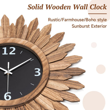 Honiway Large Wall Clock Battery Operated 21 in Rustic Wood Boho Sunburst Decorative Wall Clock