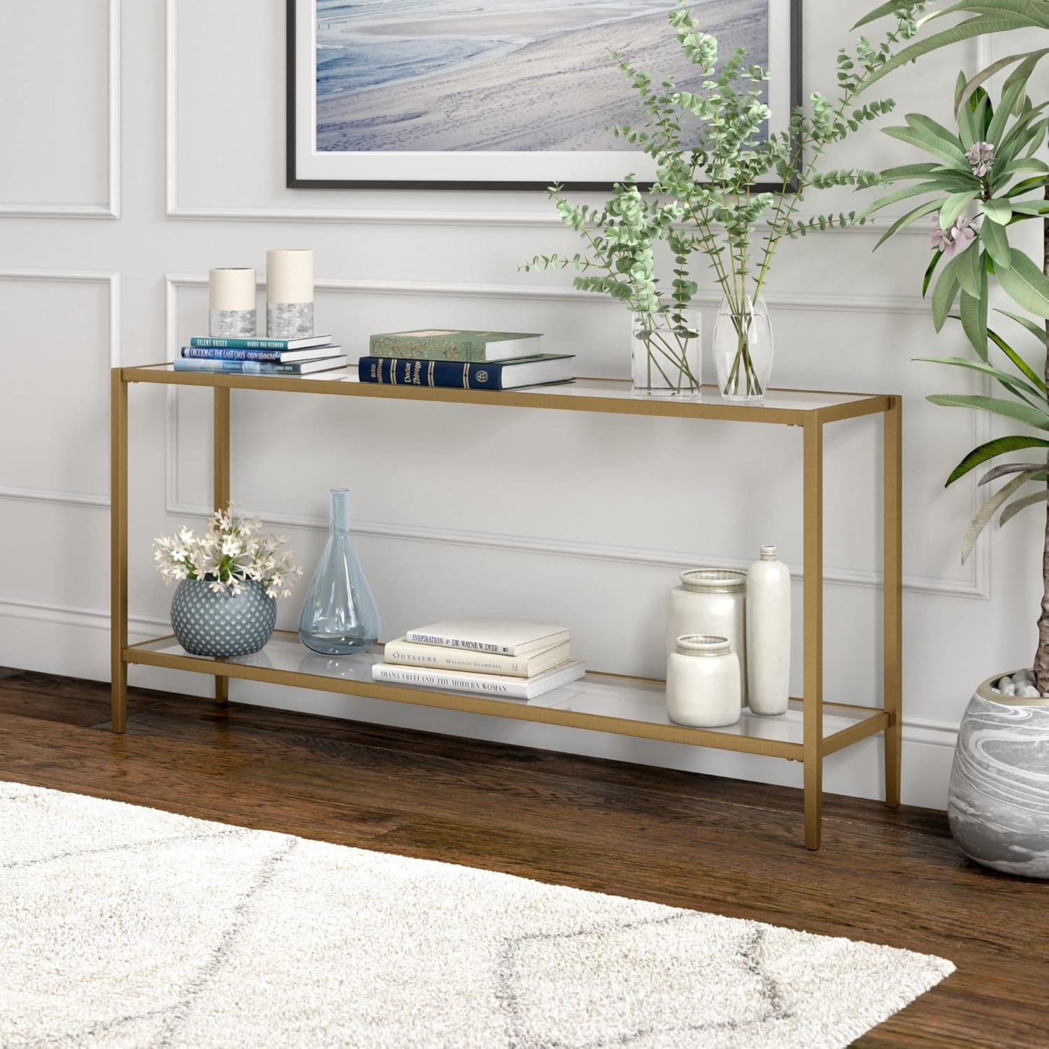 Henn&Hart 64" Wide Rectangular Console Table with Glass Shelf in Brushed Brass, Entryway Table