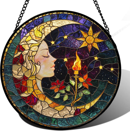 Stained Glass Window Hanging, Moon Goddess Torch Suncatcher Diamond Glass Panel Hangings Dream Sun