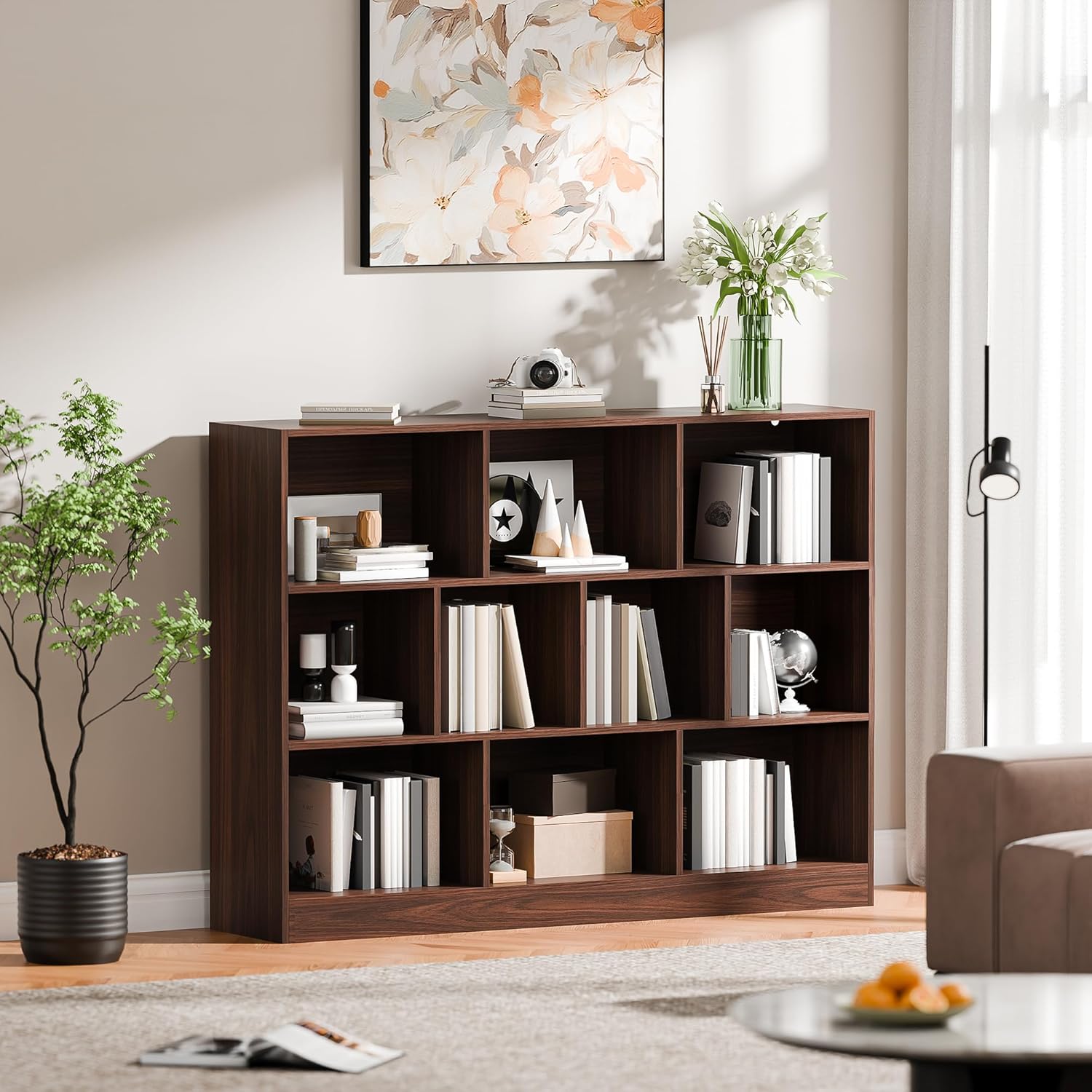 Cozy Castle Brown Bookshelf, 3-Tier Open Shelf Bookcase, 10 Cube Storage Organizer with Anti-Tilt
