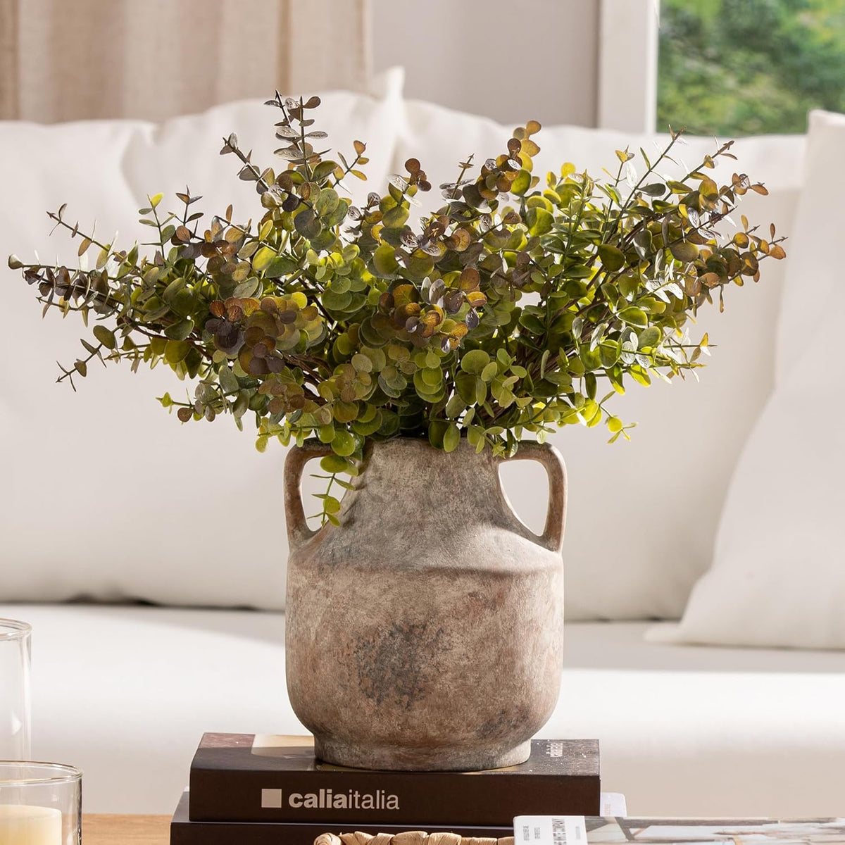Mitt&Ditt Ceramic Flower Vase with Handles, 8 inch Tall Off-White Vase, Decorative Terracotta