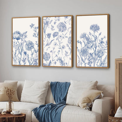 Tinonedraw Large Classic Chinoiserie Flower Framed Canvas Wall Art Set, Navy Blue and White Floral