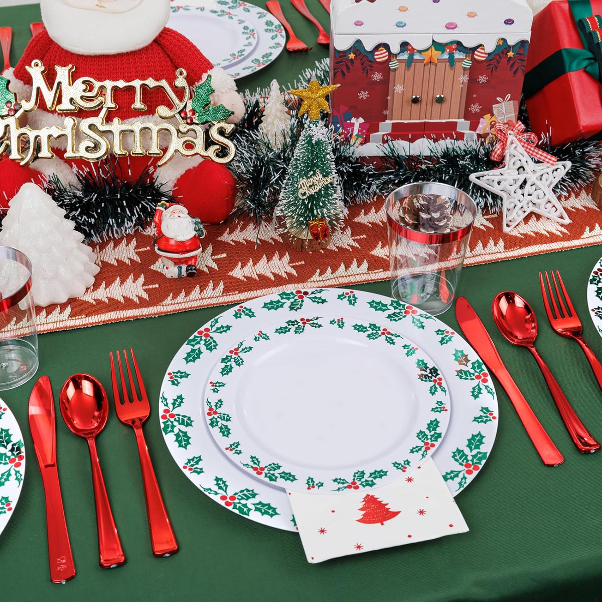 WDF 350pcs Christmas Plates and Napkins Set - Exquisite Holly Design - Christmas Dinnerware Set of