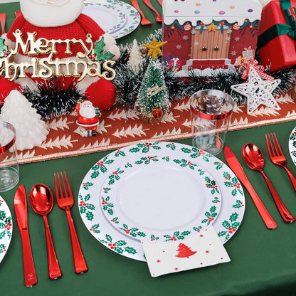 WDF 350pcs Christmas Plates and Napkins Set - Exquisite Holly Design - Christmas Dinnerware Set of