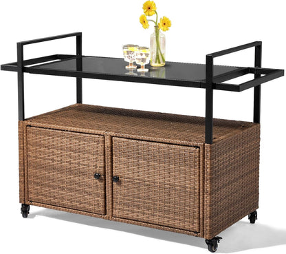 VINGLI Wicker Outdoor Bar Cart with Storage and Wheels, Outdoor Bar Table Serving Cart Rattan Bar
