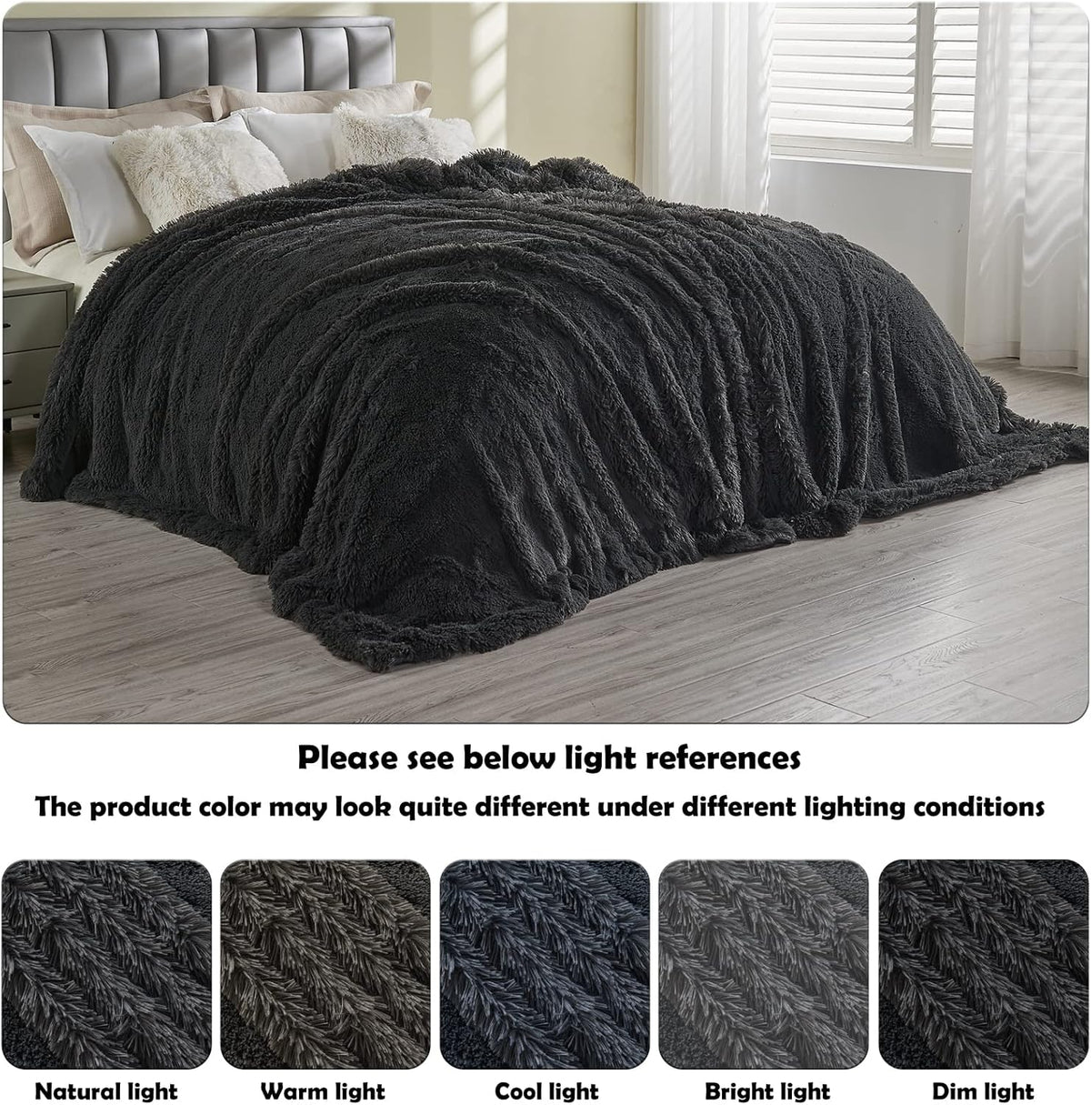 GONAAP Fuzzy Faux Fur Throw Blanket Queen Size Dark Grey Super Soft Cozy Plush Fuzzy Shaggy Blanket