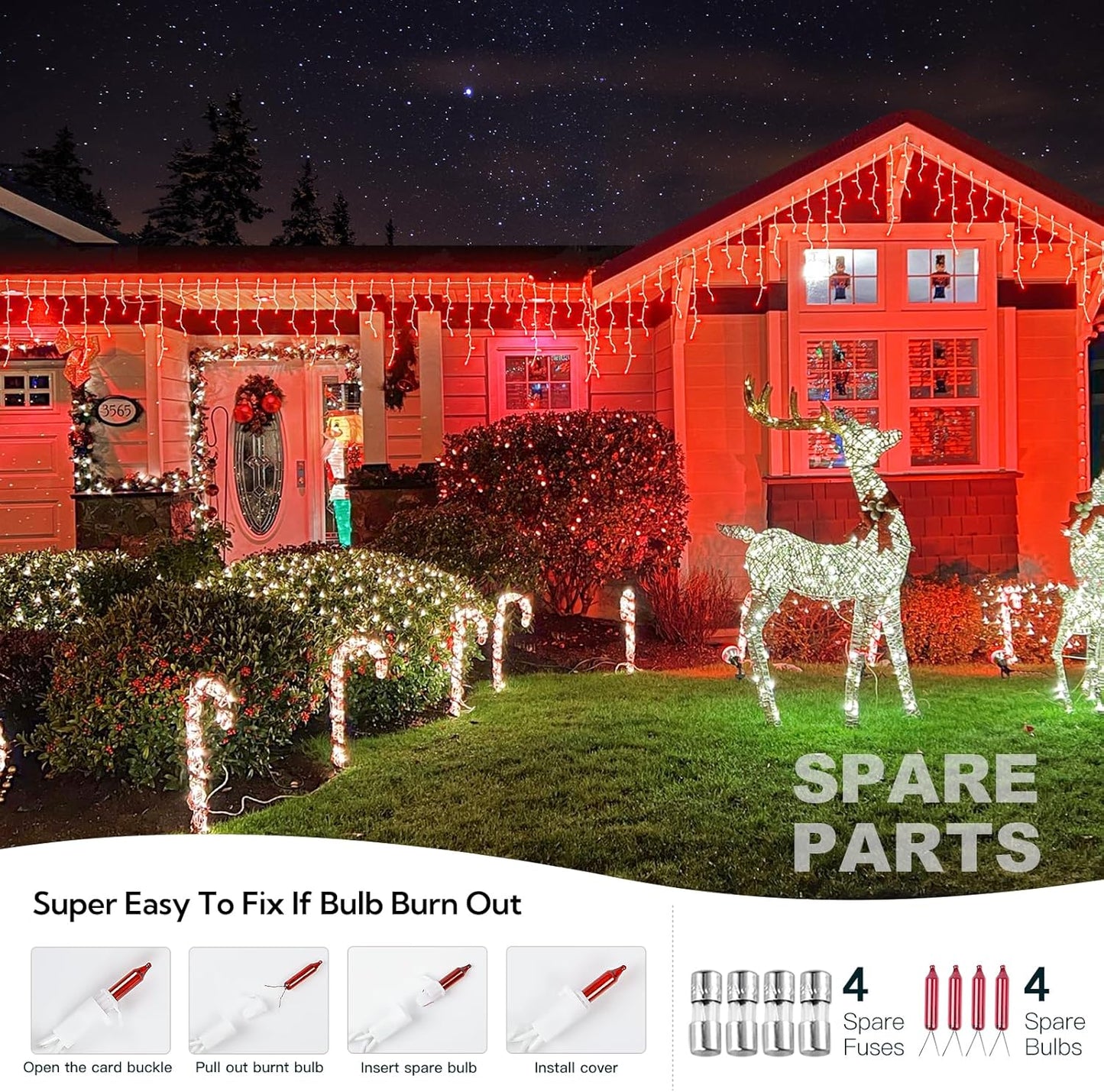 23FT 200Count Red Icicle Lights,White Wire Icicle Mini Lights Plug in with 40 Drops,Hanging Curtain