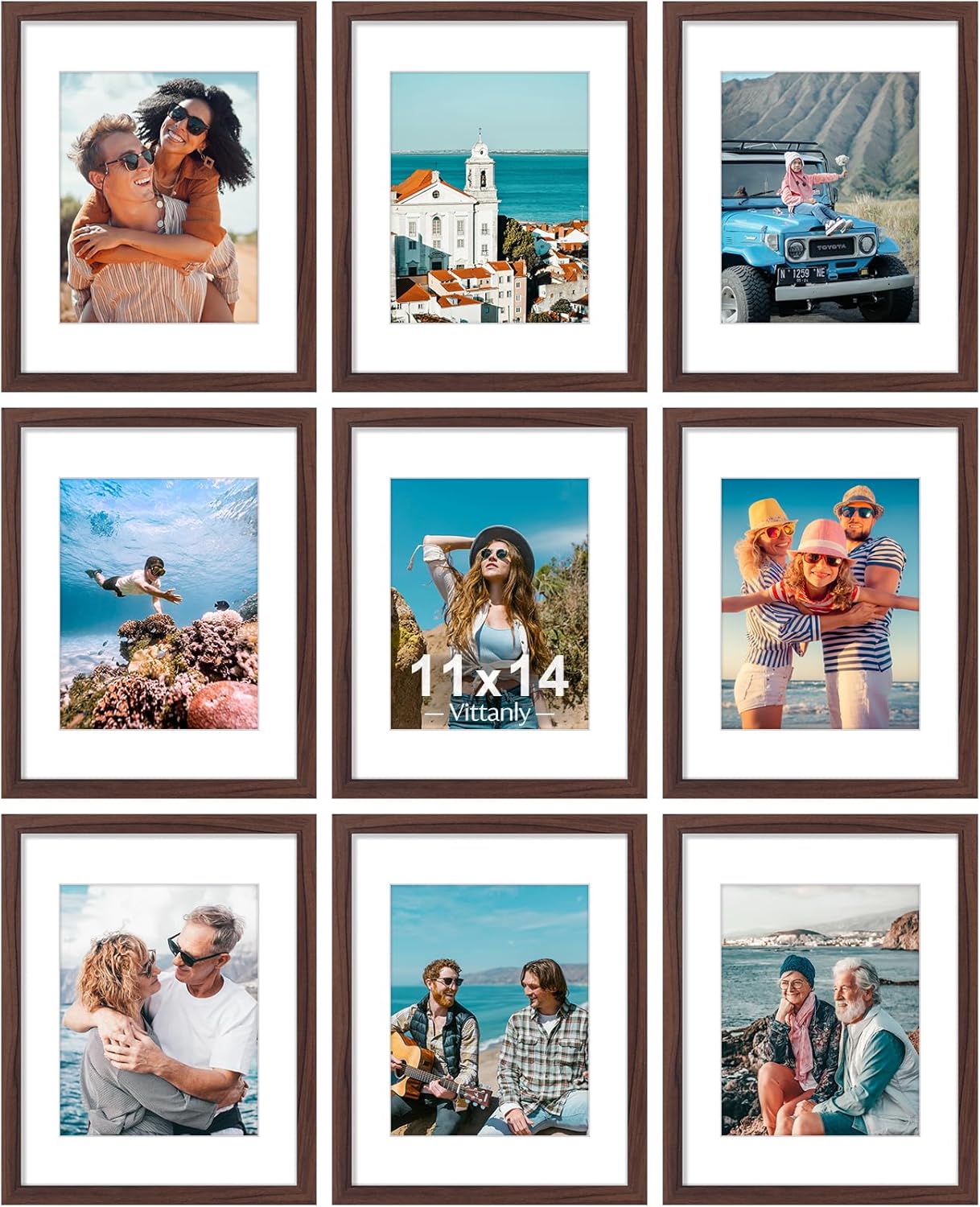 Vittanly 11x14 Picture Frames Set of 9, Shatter Resistant Plexiglass, Display 8x10 Pictures with
