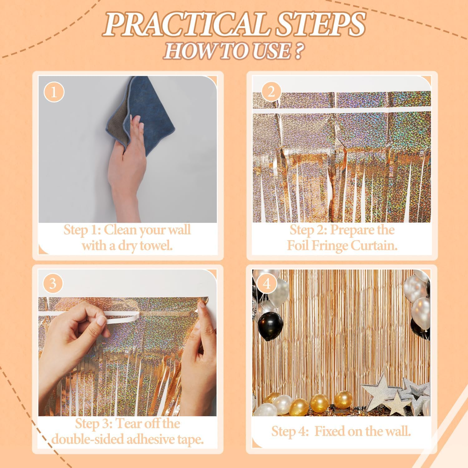3 Pack Foil Fringe Backdrop - Laser Champagne Shiny Tinsel Curtains for Party Decoration/Photo