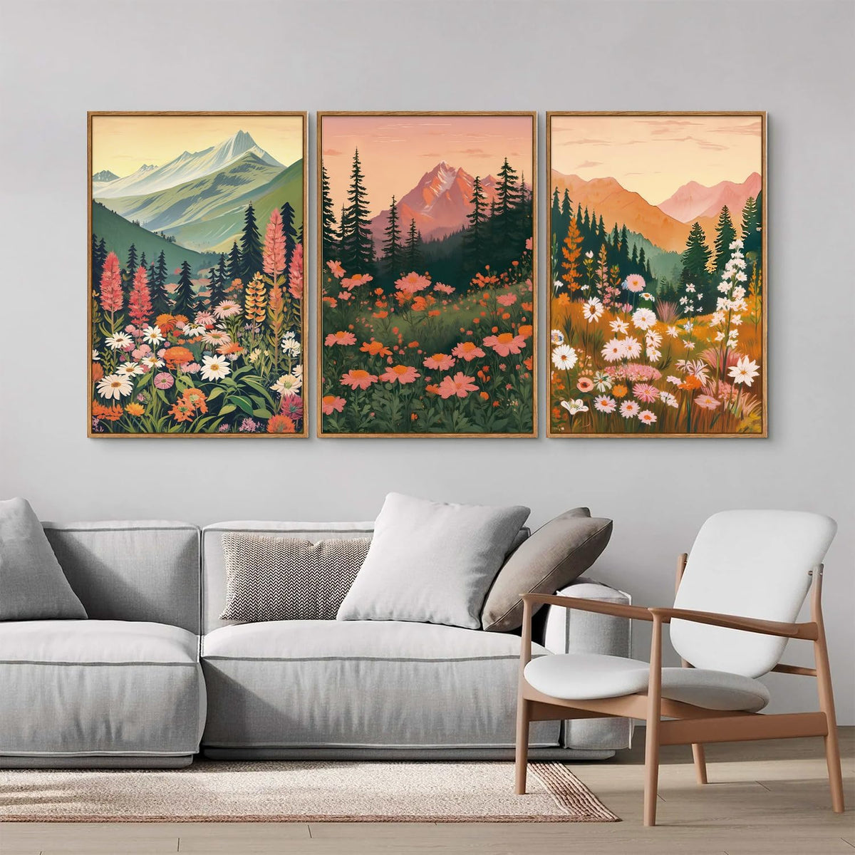 Tinonedraw Colorful Nature Flowers Framed Canvas Wall Art Set, Boho Blue Ridge Mountain Wall