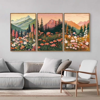 Tinonedraw Colorful Nature Flowers Framed Canvas Wall Art Set, Boho Blue Ridge Mountain Wall