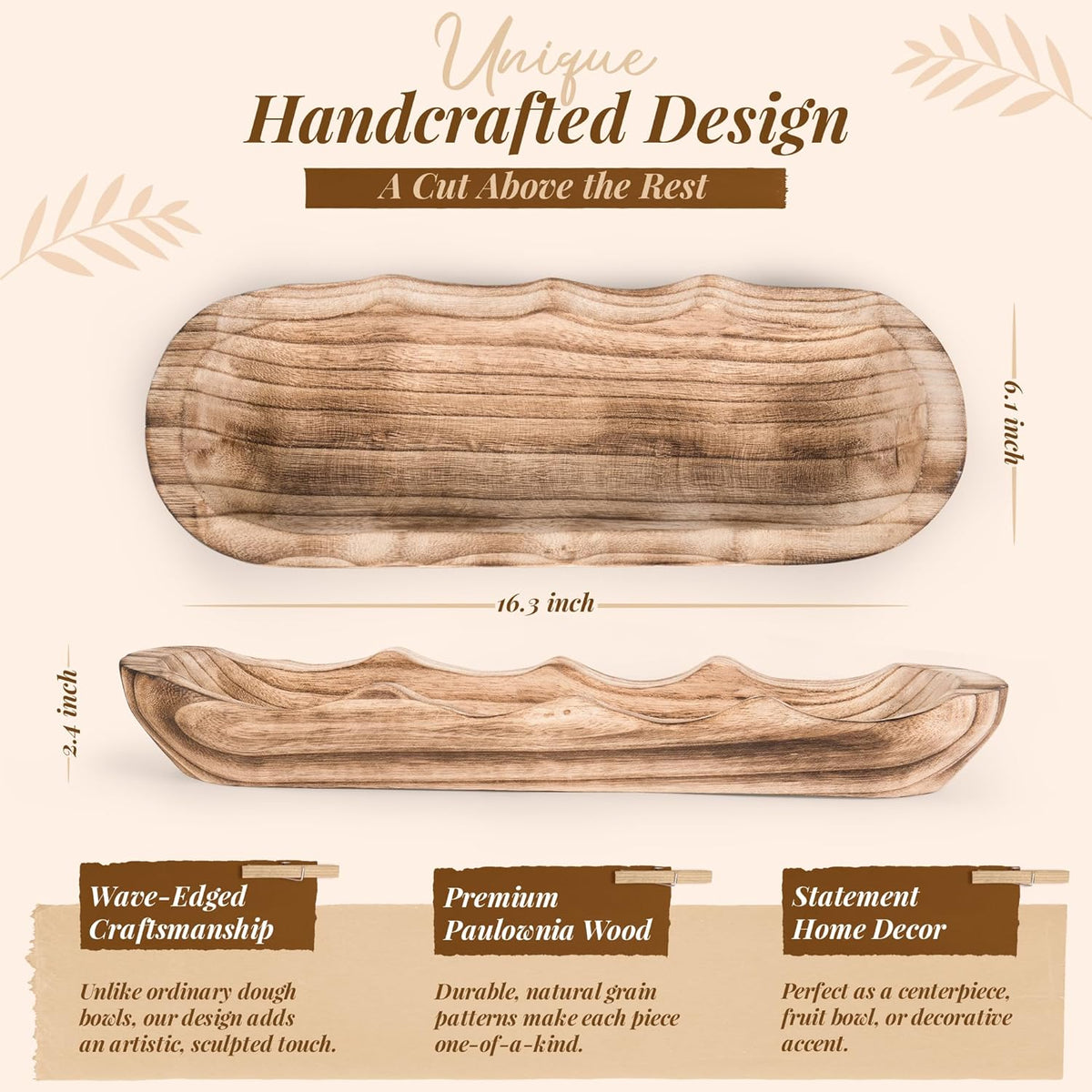 Wavy Edge Wooden Dough Bowl for Decor 16"L Lightweight Paulownia Wood Hand Carved Decorative Wooden