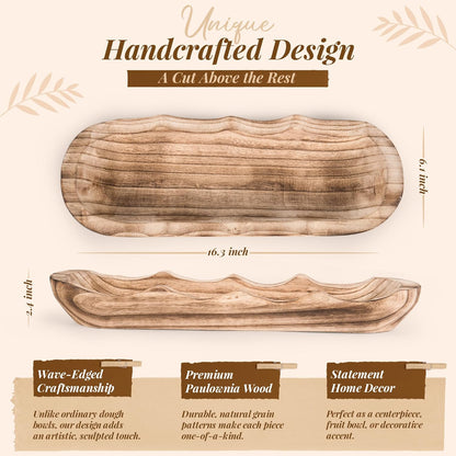 Wavy Edge Wooden Dough Bowl for Decor 16"L Lightweight Paulownia Wood Hand Carved Decorative Wooden