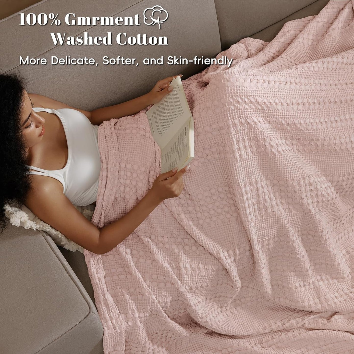 PHF 100% Cotton Waffle Weave Blanket Twin Size, Soft Lightweight Breathable Cozy Summer Blankets