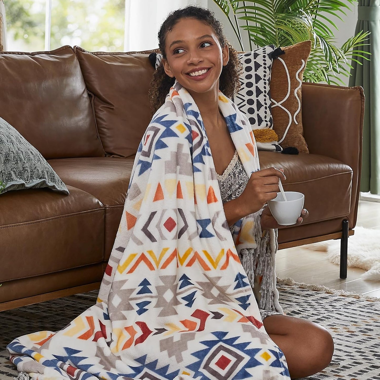 CASAAGUSTO Boho Throw Blanket - Colorful Decorative Blankets with Tassel, Printed Flannel Bohemian