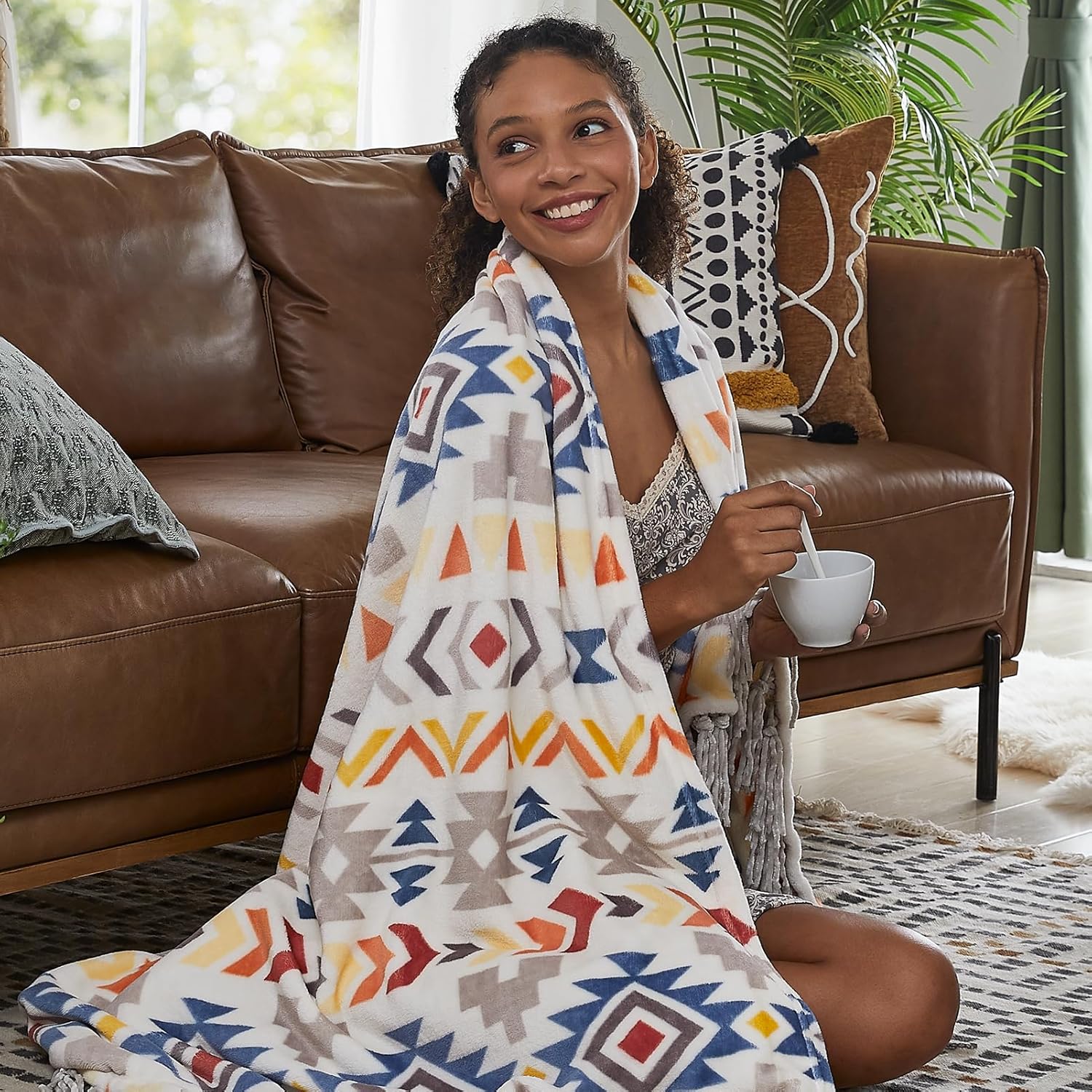 CASAAGUSTO Boho Throw Blanket - Colorful Decorative Blankets with Tassel, Printed Flannel Bohemian