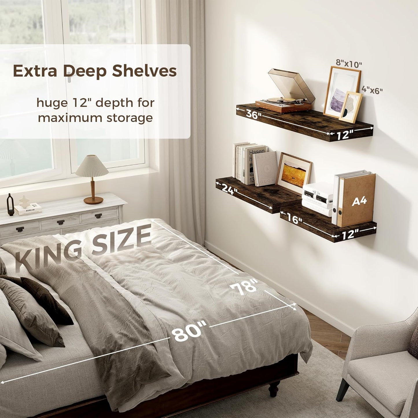 Floating Shelves 36 Inch Long, 12 Inch Deep Floating Shelves for Wall, 36 x 12 Shelves for Wall