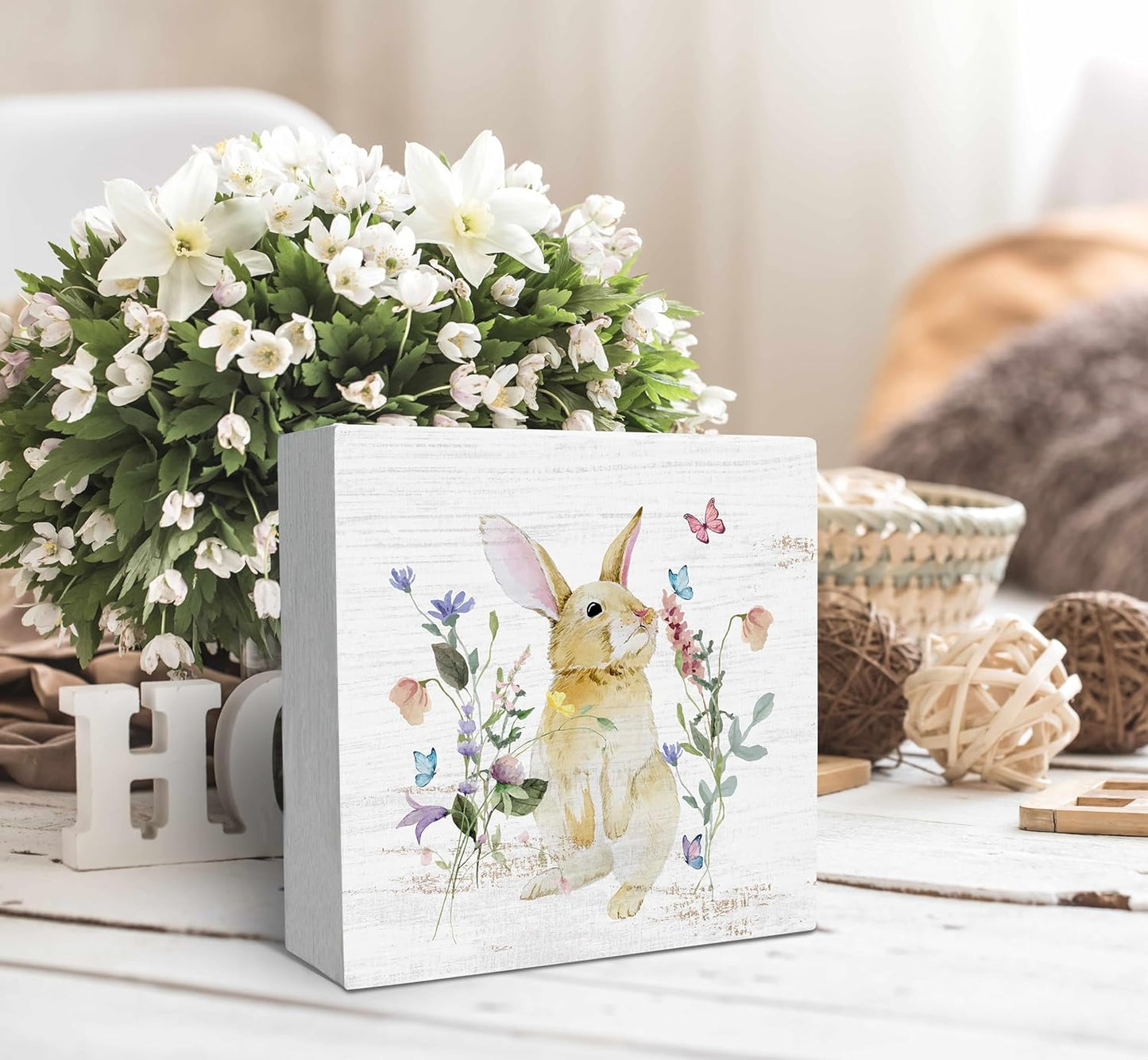 SRADMO Bunny Sign, Cute Bunny's Wood Box Sign Desk Decor, Easter Bunny Gifts for Kids, Easter Theme