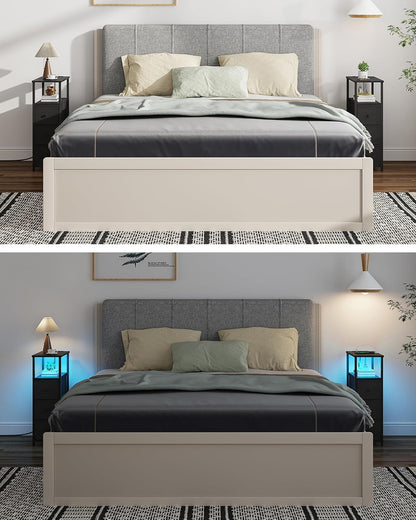 TUTOTAK Narrow LED Night Stand with Charging Station, Slim End Table with Plugins, Tall Side Table