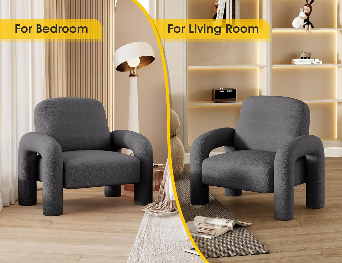 Modern Sherpa Accent Chair, Teddy Upholstered Arm Single Sofa, Cozy Fluffy Reading Chair for Living