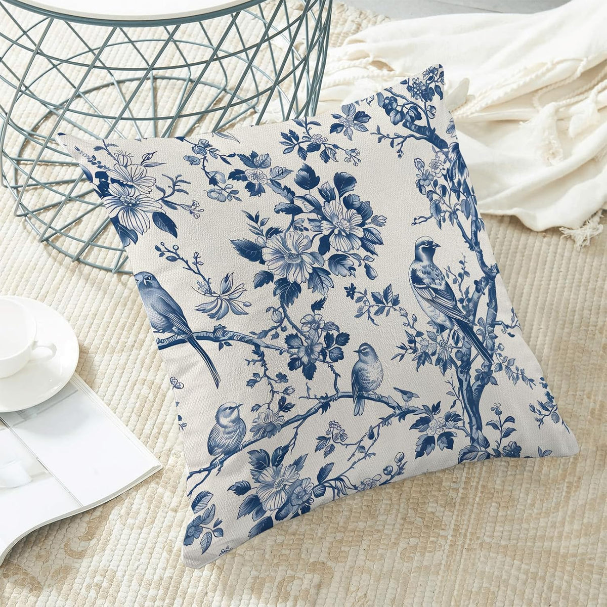 Navy Blue Spring Floral Pillow Covers 16 x 16 Inch Set of 2 for Vintage Chinoiserie Flowers Bird