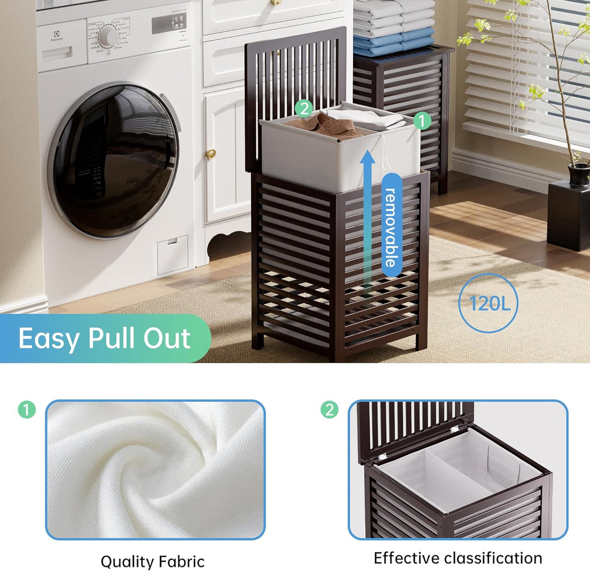 SMIBUY Double Laundry Hamper with Lid, 120L Bamboo Laundry Basket with Removable Liner Bag