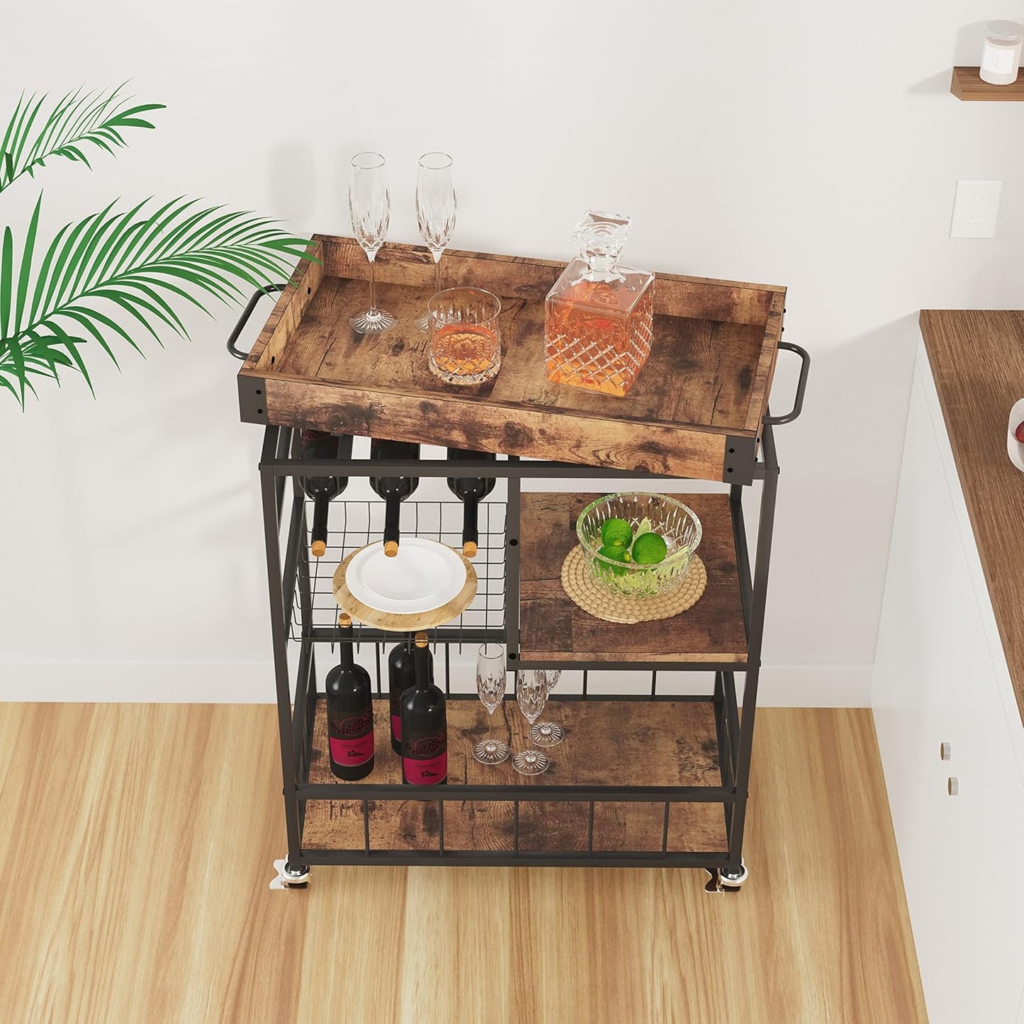 Bar Cart with Basket 3 Tiers Home Rolling Wine Rack with Wheels Mobile Kitchen Industrial Vintage