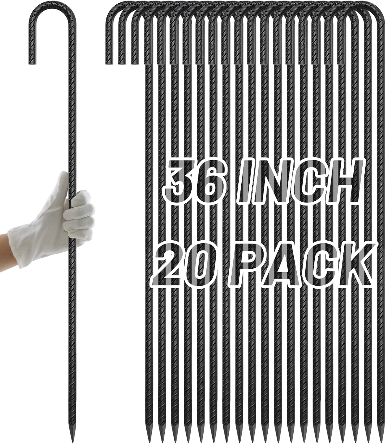 AAGUT 20 Pack Rebar Stakes J Hook 36 inch Heavy Duty Trampoline Stakes Steel Ground Anchors with