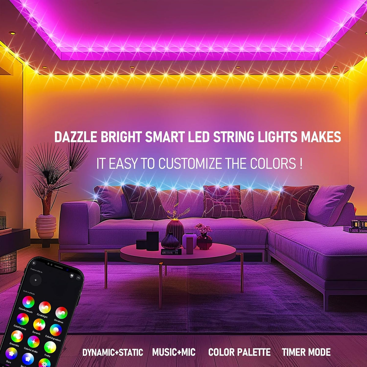 Dazzle Bright Smart Halloween String Lights, 164FT 500 LED RGB Color Changing String Lights with
