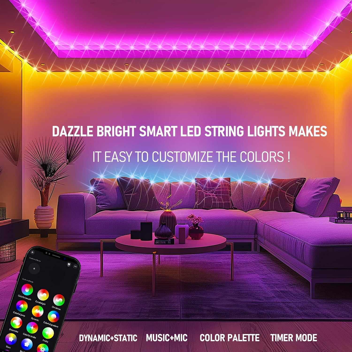 Dazzle Bright Smart Halloween String Lights, 164FT 500 LED RGB Color Changing String Lights with