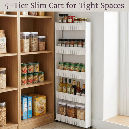 Slim Rolling Storage Cart - 5-Tier Utility Cart with Wheels for Bathroom, Kitchen, and Laundry Room