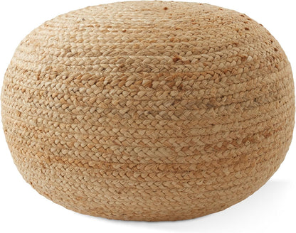 Casafield Hand-Braided Jute Pouf Ottoman Footrest, 19" Round x 10-1/2" High, Natural Woven Boho