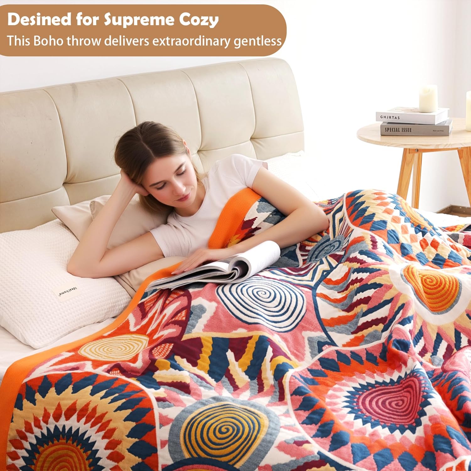 Boho Throw Blanket, 100% Organic Muslin Cotton Breathable Ultra Soft Bed Quilt Throw - All Season