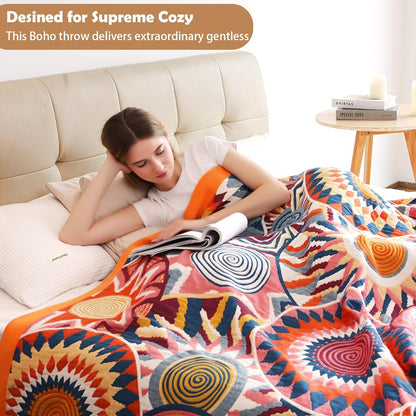 Boho Throw Blanket, 100% Organic Muslin Cotton Breathable Ultra Soft Bed Quilt Throw - All Season