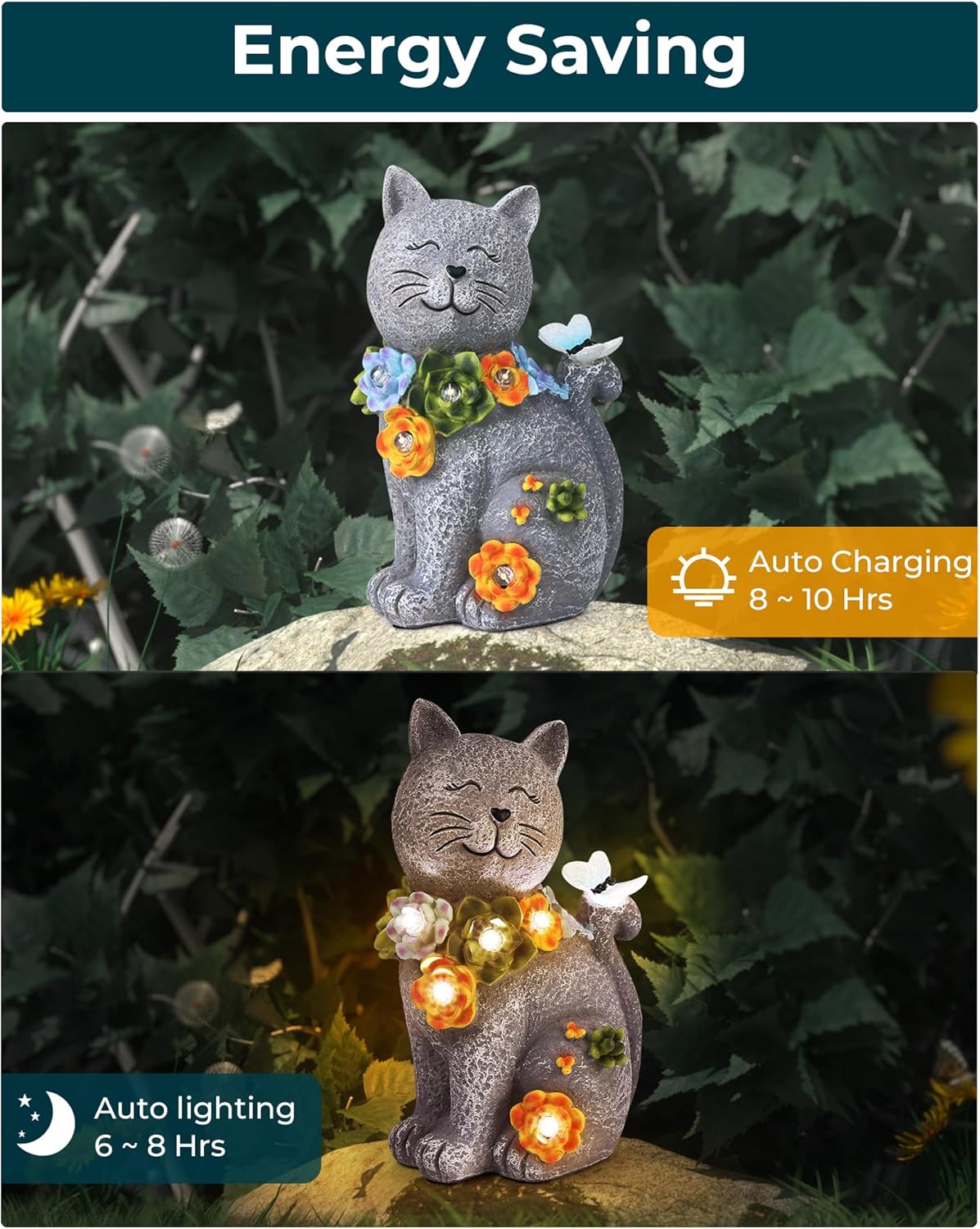 Solar Garden Statues Outdoor Decor, 6 LED Cat Flowers Butterfly Figurine Lights, Waterproof for