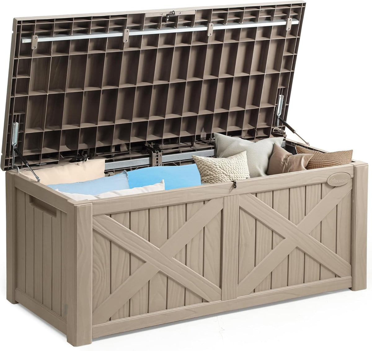 YITAHOME 120 Gallon Large Outdoor Storage Box with X-Shaped Front, Waterproof Resin Deck Box