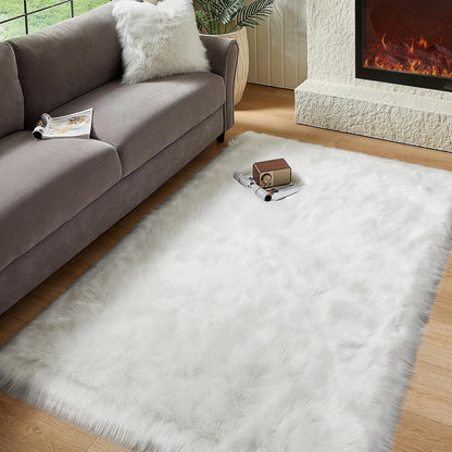 AMTOVO Faux Fur Sheepskin Rug for Living Room, 4 x 6 ft White Fluffy Area Rug for Bedroom