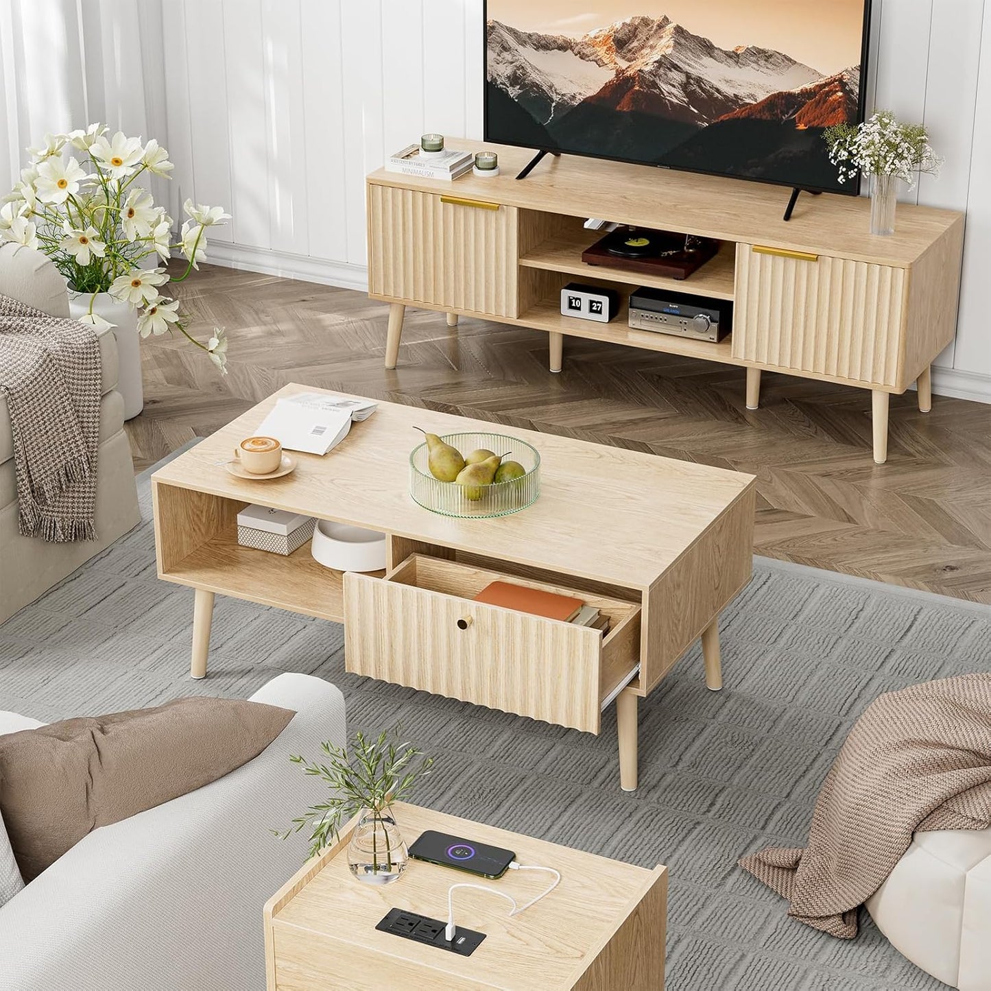Coffee Table with Storage, Boho Dining Table with Fluted Drawer and Solid Wood Legs, Small Coffee