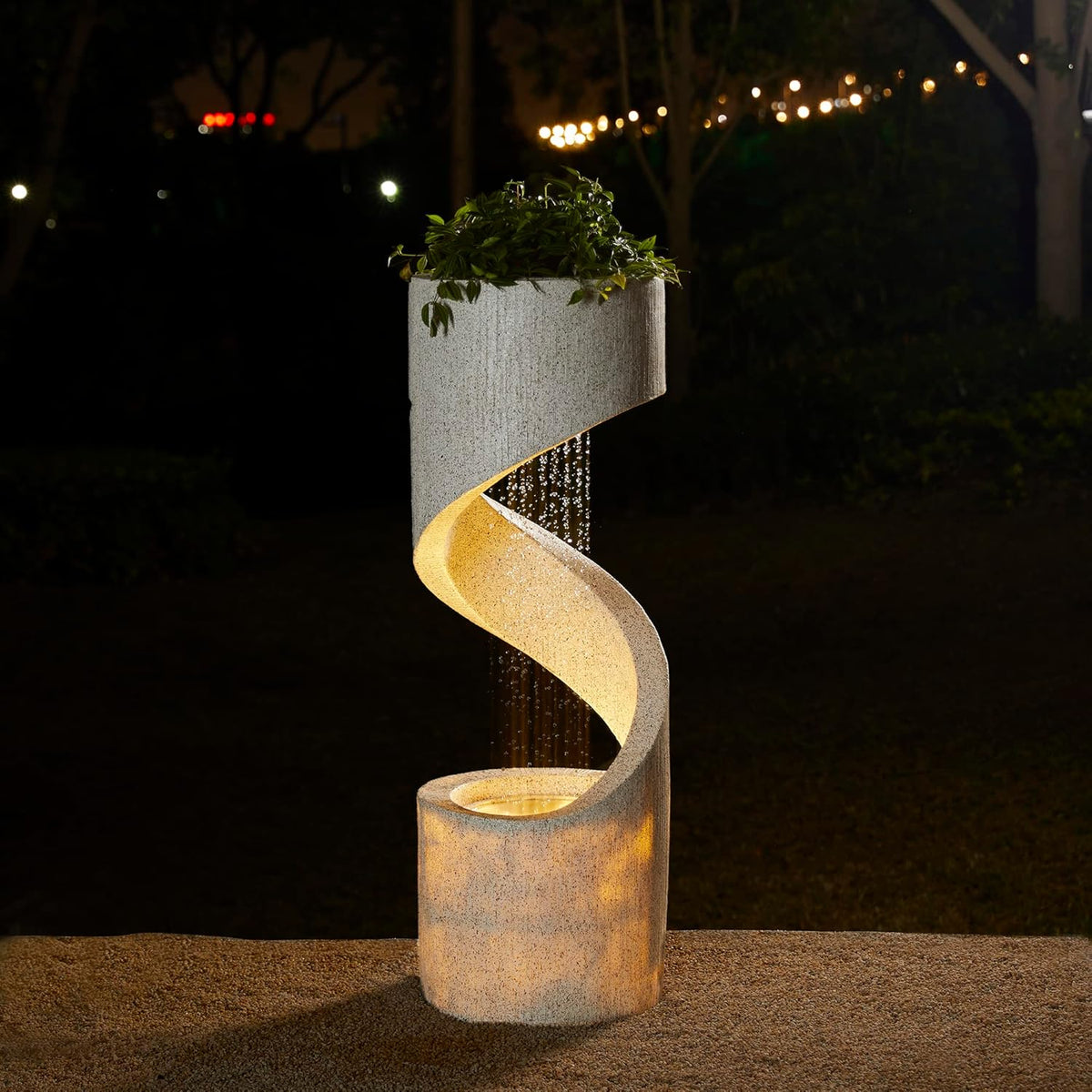 Glitzhome Decorative Tiered Outdoor Water Fountain with LED Light Vintage Curved Waterfall Fountain