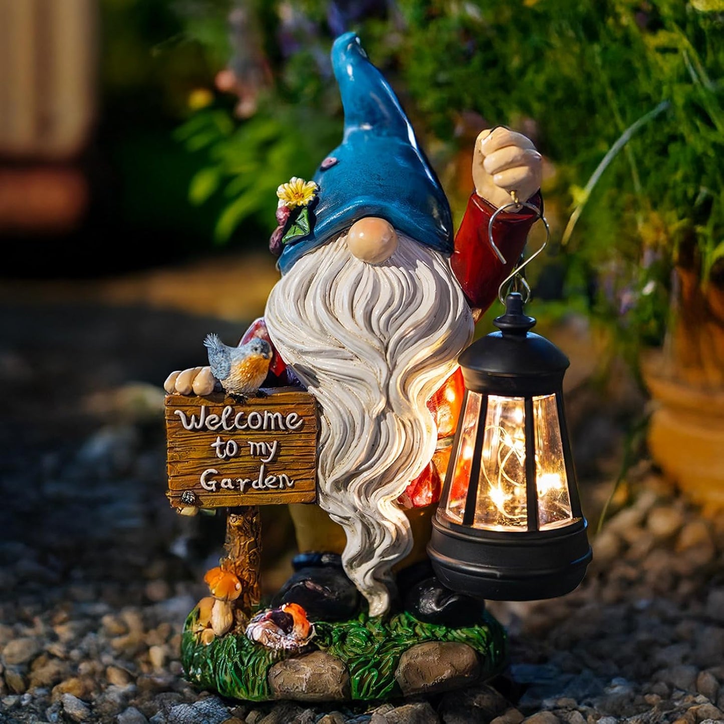 Garden Gnome Statues Figurine Lights - Solar Powered Lighting Outdoor Decorations with Lantern &
