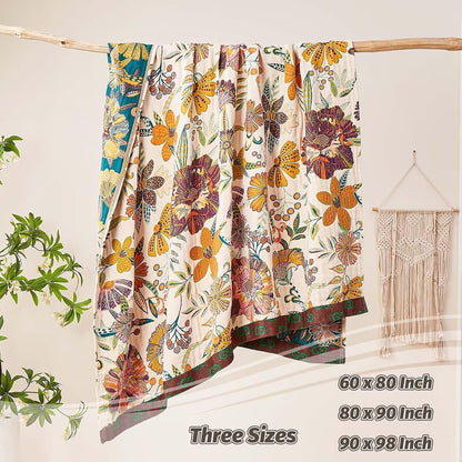 Boho Throw Blanket, 100% Cotton Ultra Soft Luxury Throw Rustic Quilt, 60"x80" Floral Printed